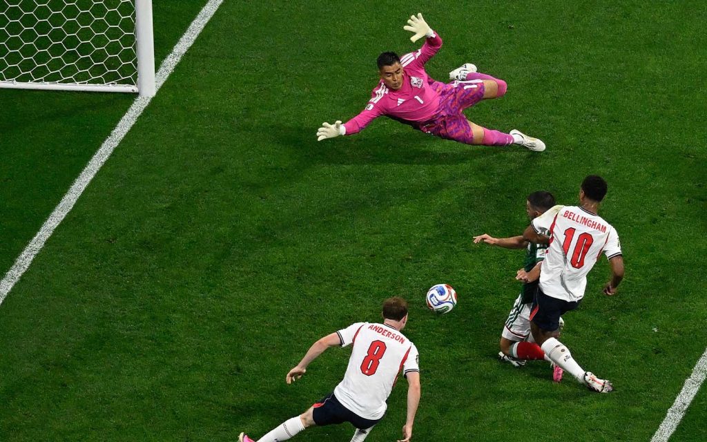 Jude Bellingham (right) of England scores in the Round of 16 match against Mexico at the 2026 FIFA World Cup