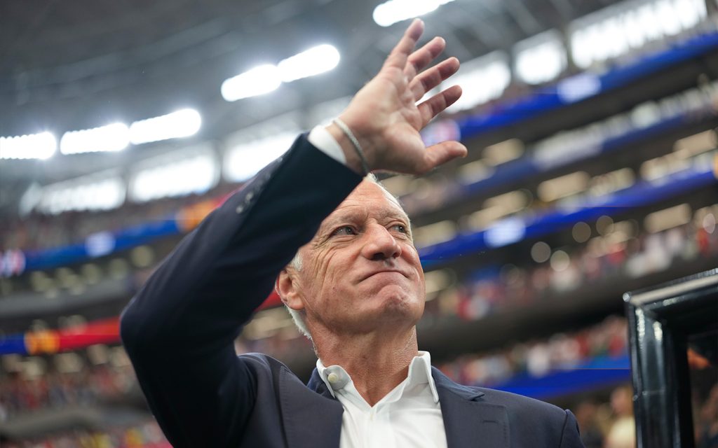 Didier Deschamps acknowledges France's fans after the semifinal loss to Spain, in what marks his final tournament as national team coach