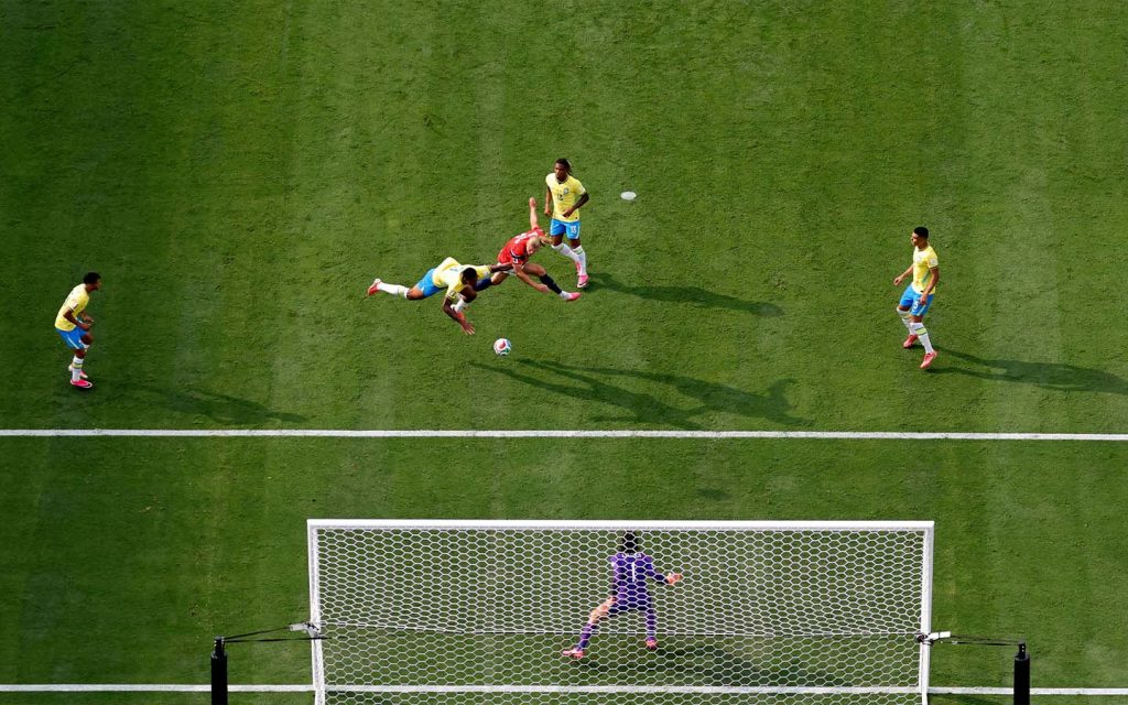 Erling Haaland (centre) of Norway scores with a header in the Round of 16 match against Brazil at the 2026 FIFA World Cup