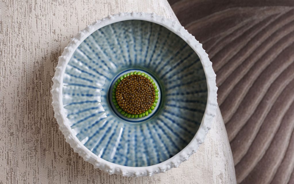 Dauricus caviar over sweet peas and turnip, with a lacto-fermented kabu sauce poured at the table - Vicky Cheng on Estuary, his first French restaurant in Macao