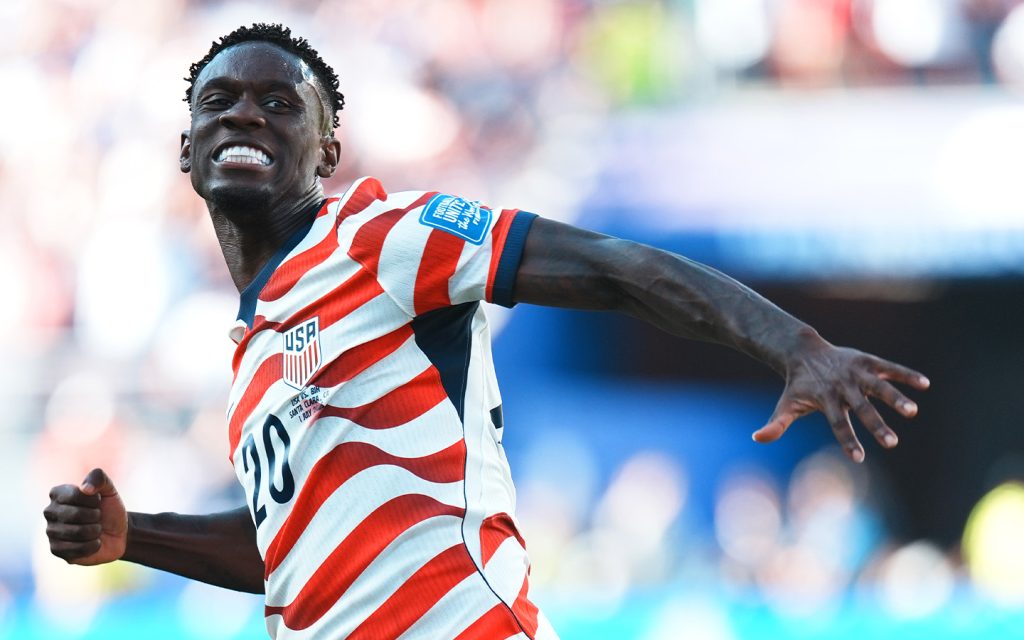Folarin Balogun celebrates after opening the scoring for the USA against Bosnia and Herzegovina at San Francisco Bay Area Stadium