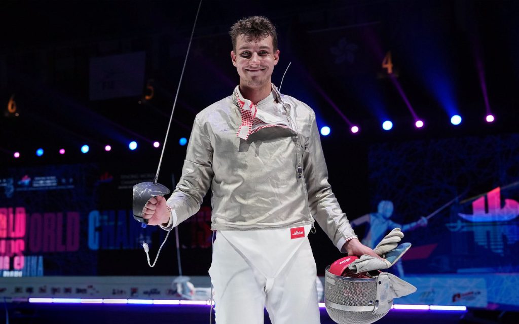 Pavel Graudyn celebrates his gold medal win in the men's sabre event at the Fencing World Championships