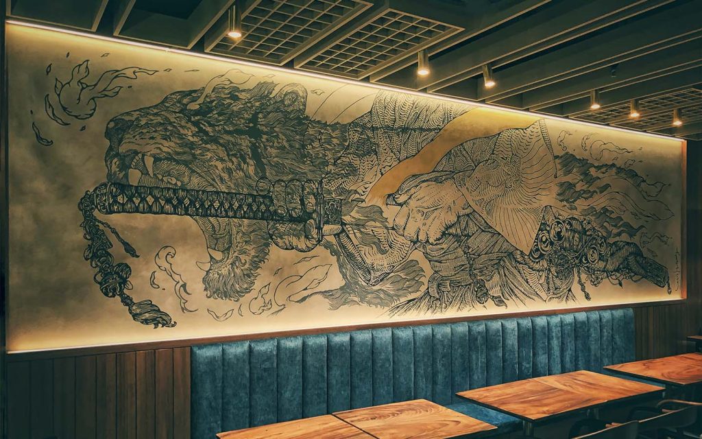 The Ultimate, painted for a Japanese restaurant in Hong Kong — Ho's first mural using two overlapping layers