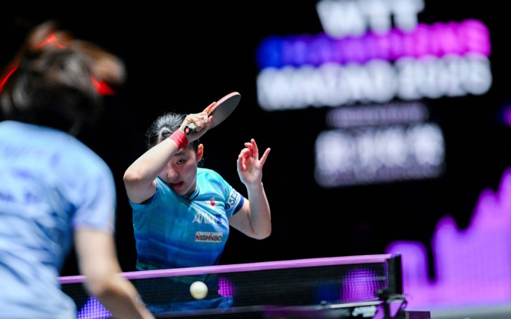 Miwa Harimoto competes during the women's singles final at WTT Champions Macao 2026