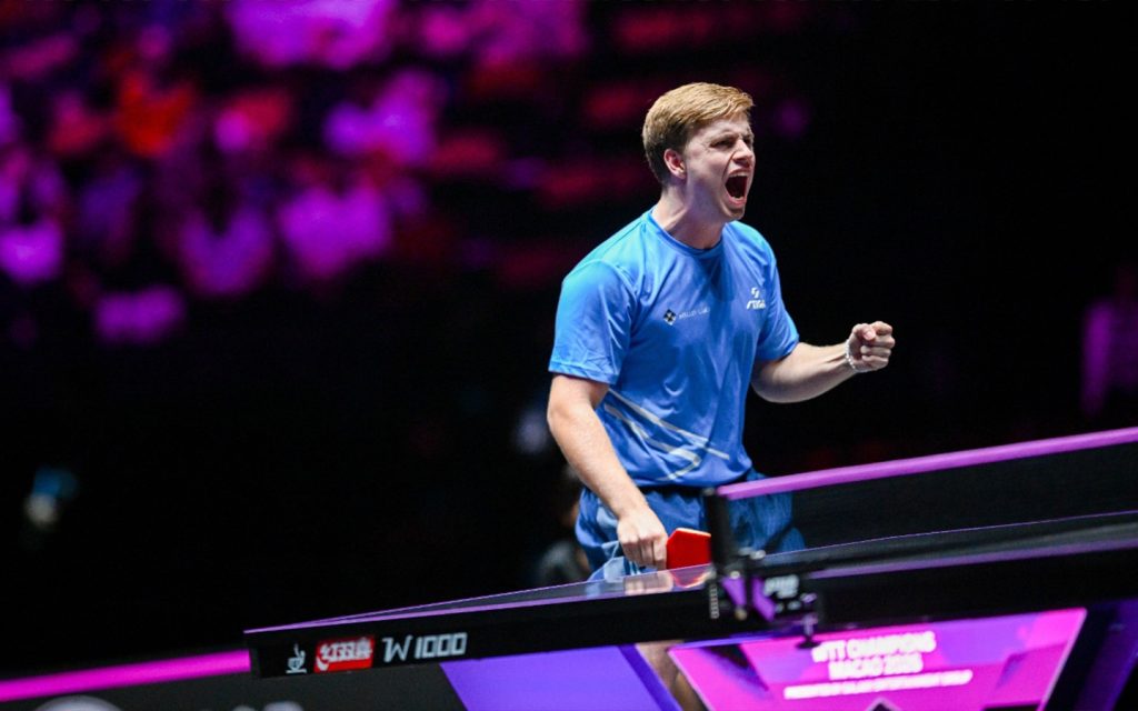 Truls Moregard celebrates during the men's singles final at WTT Champions Macao 2026