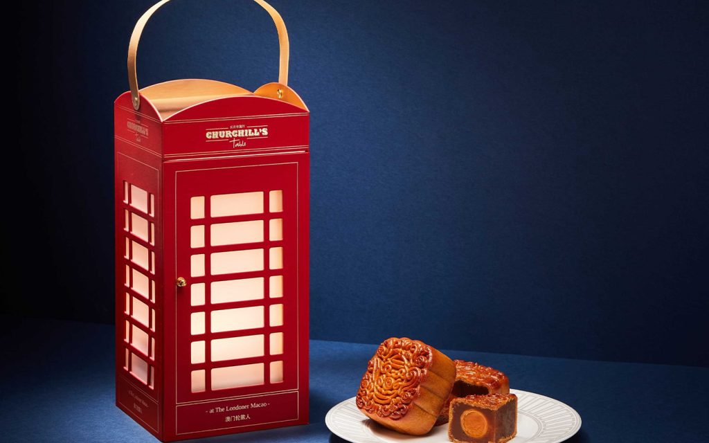 Churchill's Table has packed four double yolk lotus seed paste mooncakes into a miniature red telephone box